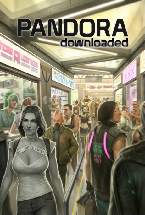 Cover for 'Pandora Downloaded'. A futuristic tech market similar to the Shenzhen Electronics Market in China. View from one of the corridors. On the left: stands for home AI upgrades, phones + VR. The AI upgrades stand has boxes of A.I. software with the figure of a Victorian maid. On the wall there's a religious propaganda poster featuring a dark-skinned AI goddess praying, her wings made of binary code.
On the right, customer service for biomod companies, a biomodded video store and sex work agency. The corridor has a steel bar separating the flow of customer traffic in two directions. The crowd are people of all races, Latinos, Asian, white, wearing all kinds of biomods: horns, tentacles in the heads, fangs.
On the right corridor, walking away from the camera, there's a horned dude has a sleeveless jacket with an outrun-style logo saying "Get an avatar and (glitched text, unreadable) yourself." 
On the left corridor, walking to the viewer, there's a beautiful and busty woman with gray jeans and ample cleavage white T-Shirt with the text "Mom's out, let's have fun" in leet-speak. She is smiling seductively. Her skin is gray-scale, as if seen from a black-and-white camera. Her eyes are emerald-green.
Five people behind the woman there is a tall and muscular Egyptian revivalist wearing traditional Egyptian clothing and with the tattoo of Anubis in his arm. He seems to stare menacingly at the viewer.
Above one of the corridors there's a graffiti in Spanish warning about fraudsters.